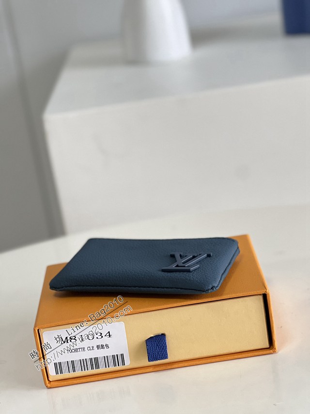 LV專櫃2023新款Aerogram皮革零錢鑰匙包 M81034藍 路易威登全皮鑰匙包 dn1128